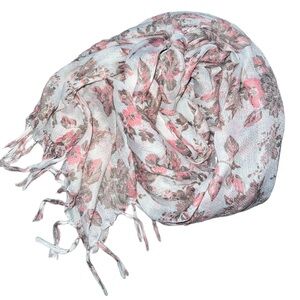 Floral Pink and Gray Scarf with fringe ends